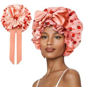Strawberry Satin Sleep Bonnet – Adjustable Ruffle Cap with Oversized Bow